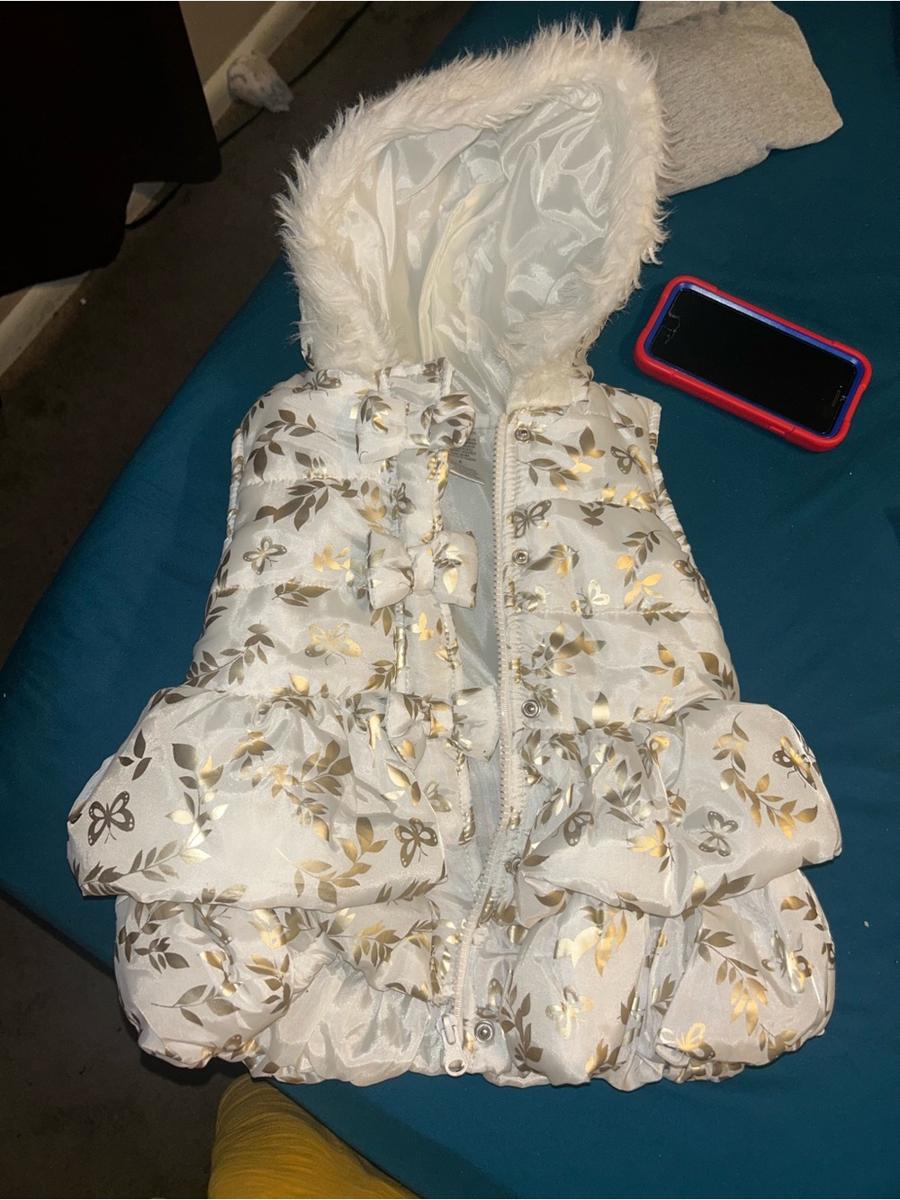 Little Lass White Puffer Vest with Gold Floral Print